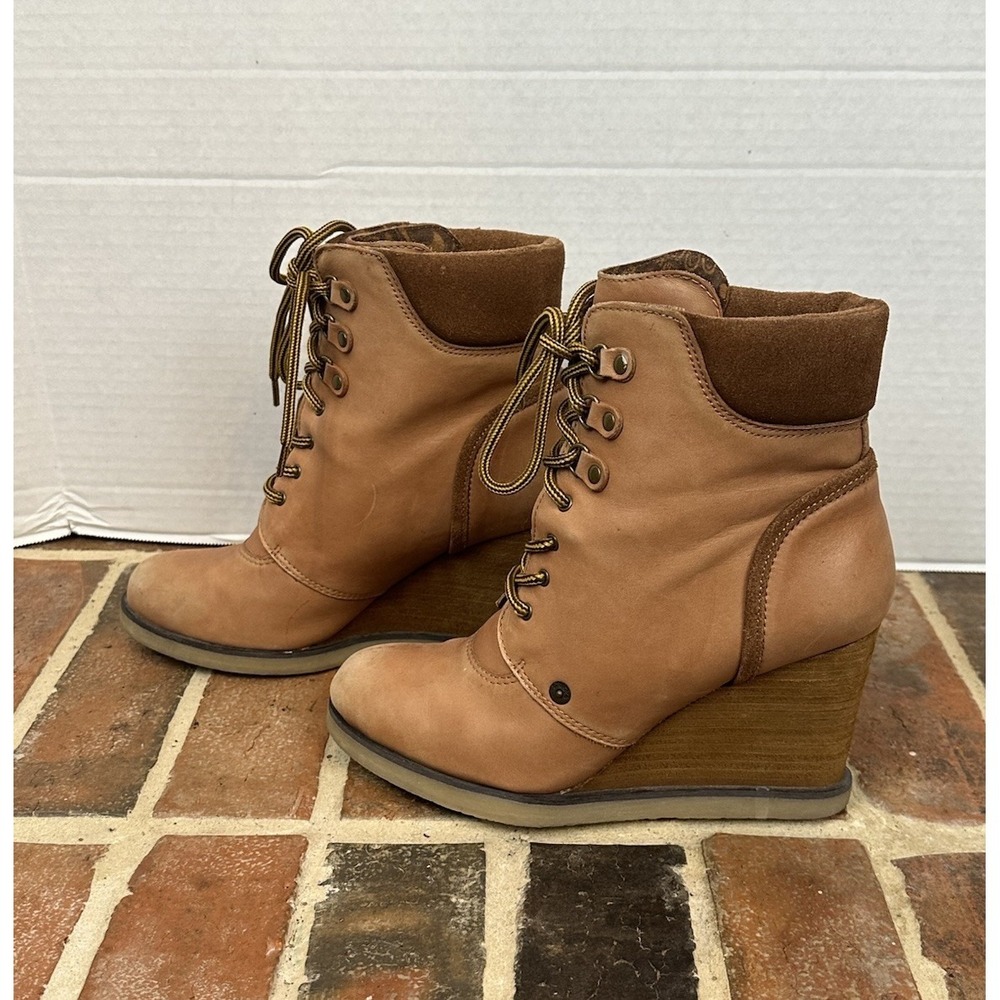 MISS SIXTY Tan Leather Wedge‎ Heel Ankle Boots Lace Up High Heel Women's 7.5